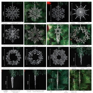 Macro detail of transparent acrylic Christmas snowflake ornaments and icicle decorations