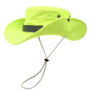 Neon green wide-brim outdoor safari hat with adjustable chin strap and breathable mesh vents