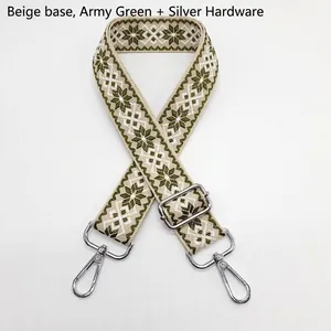Close-up of 3.8cm wide adjustable beige and green jacquard bag strap with silver hooks