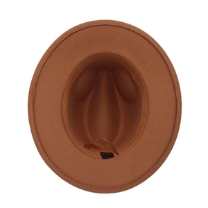 Internal detail of a brown wool felt fedora showing the sweatband and adjustable drawstring