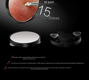 Detail of 10X/15X magnifying round mirror with strong suction cups and ABS frame