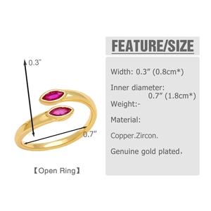 Detailed technical diagram of a gold open ring with marquise-cut pink cubic zirconia stones