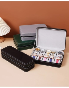 Interior detail of 10-slot leather watch organizer with zipper and soft velvet lining