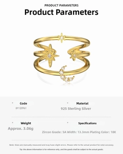 Detailed specs of S925 sterling silver star moon ring with 5A zircons and 18K gold plating