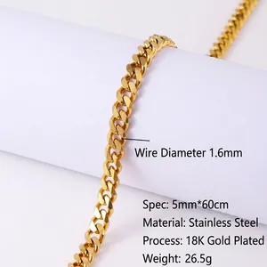 Close-up of 5mm 18K gold plated stainless steel Cuban link chain with 60cm length details