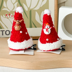 Pair of 3D Christmas hat hair clips with festive reindeer and snowman plush decorations
