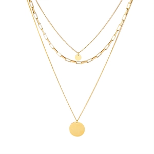 Three-layer 18K gold plated titanium steel necklace with paperclip chain and round pendants