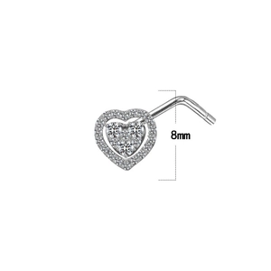 Silver heart L-shaped nose stud with double-layer white zircon pavé and 8mm pin