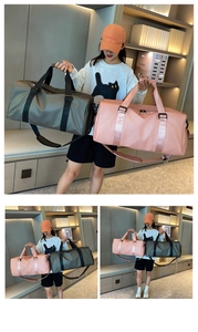 Pink and green travel bags showing trolley sleeve and detachable shoulder straps