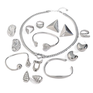 Modern silver stainless steel jewelry set with heart necklace, bangles and rings