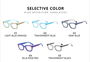 Macro view of five colorful square frame glasses in various stylish gradient colorways