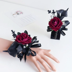 Boutonnière De Mariage Et Corsage De Poignet Rose Velours Rouge Foncé Calla Lily Noir Gothique Ruban Bal Accessoires