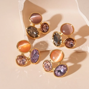 Boucles D'oreilles Géométriques En Alliage Avec Pierre Oeil De Chat Cristal Coloré Et Silver Earring Post Femmes