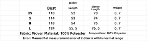 Size chart for loose hooded suede texture jacket with detailed garment measurements