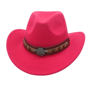 Elegant rose red western cowboy hat with wide brim, star rivets and decorative buckle