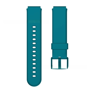 Detail view of adjustable dark green silicone watch strap with multiple adjustment holes