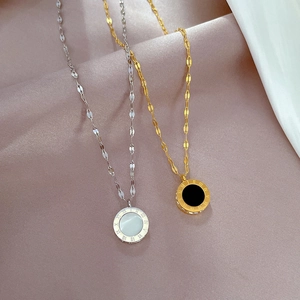 Titanium steel necklaces with Roman numeral mother of pearl pendants on silk fabric