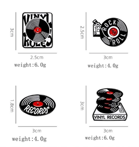 Detailed dimensions of four vinyl record themed metal enamel pins with music motifs