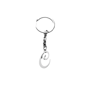 Polished stainless steel keychain with letter C pendant in silver finish on white background