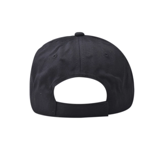 Rear view of black cotton short brim baseball cap showing adjustable velcro strap