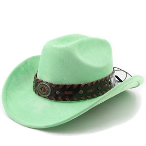 Detail of mint green suede cowboy hat featuring brown leather band with embossed metal studs