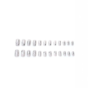Short square press-on nails with pink base, silver butterfly and floral patterns, 24 pieces