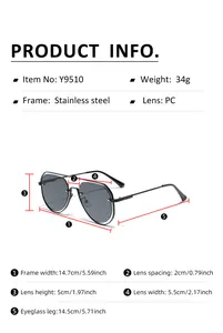 Detailed size specifications for pilot sunglasses featuring stainless steel frame dimensions