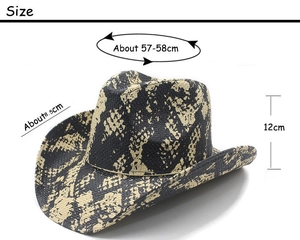 Detailed size specifications for snake print straw cowboy hat with 8.5cm wide brim
