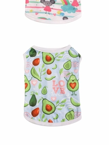 Detail of soft cotton pet vests featuring cartoon mouse and avocado prints for dogs