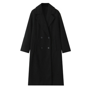 Classic double-breasted long black wool jacket for women with lapel collar and pockets