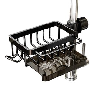 Multifunctional black stainless steel faucet storage rack with a removable drainage tray