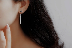 Macro shot of S925 silver long tassel threader earrings with round black zircon stones