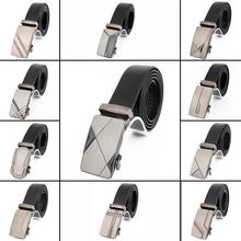 Detail display of eleven black leather belts featuring various silver automatic buckles
