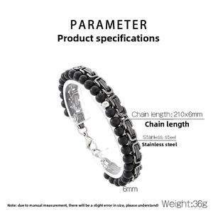 Detail view of double-layer men's bracelet with black beads and 6mm steel chain link