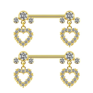 Golden heart pendant nipple rings with sparkling cubic zirconia on white background