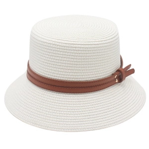 Women Paper Straw Bucket Hat Wide Brim Summer Beach Sun Protection Faux Leather Belt Ribbon Elegant Breathable