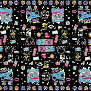 Disco theme 90s retro radio party tablecloth with vibrant neon prints and cassette patterns