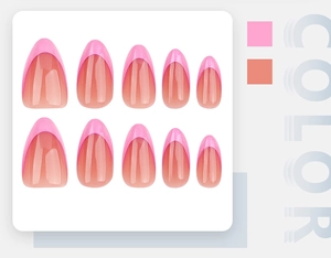 Detailed set of 10 almond-shaped press-on nails with pink French tips and nude base
