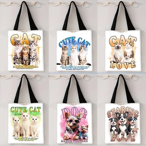 Borsa Tote In Tela Con Stampa Gatto Cane Cartone Animato Grande Capacità Borsa Da Shopping A Spalla Per Donna Scuola Viaggio