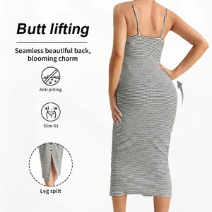 Slim fit striped maternity dress featuring a V-neck, open back, and side split design