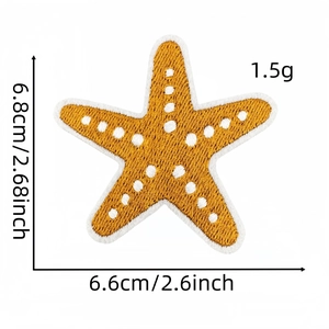 Detail showing dimensions of orange starfish embroidered patch for summer hats and clothing