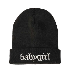 Fashionable black knit beanie featuring white babygirl gothic embroidery on the cuff
