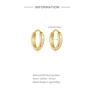 Detailed view of 925 sterling silver gold hoops with 5A zircons and 0.9cm inner diameter
