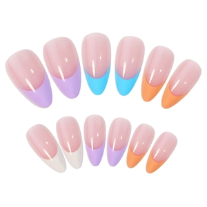 Rainbow French tip press on nails with almond shape in colorful pastel shades