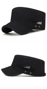 Detail view of quick-dry black flat top military cap with side mesh and metal rivets