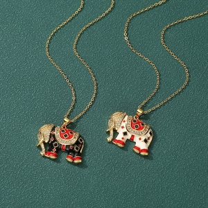 Elephant Pendant Necklace Retro Ethnic Style Gold Plated Brass With Zirconia Enamel Boho Jewelry For Women