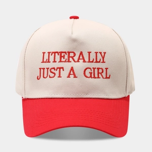Detail shot of Literally Just A Girl 3D embroidery on beige and red baseball cap