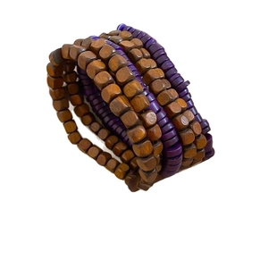 Multilayer bohemian beaded bracelet featuring dark brown wood cubes and purple round beads