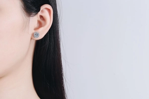 Side view of elegant s925 silver halo stud earring with round cut moissanite on model ear