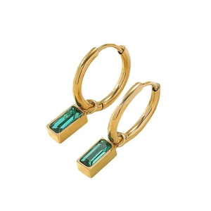 Elegant gold titanium steel earrings with emerald green rectangular gemstones